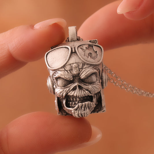 Iron Maiden "Aces High" Silver Hand-Carved Pendant Necklace – Soar with the Beast