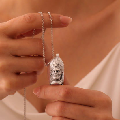 Ghost Pope Emeritus Hand-Carved Silver Pendant – Gothic Metal Jewelry for Fans & Collectors