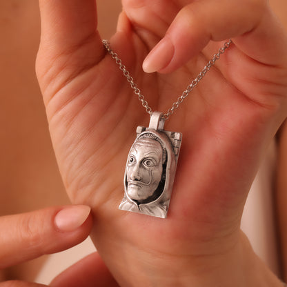 La Casa de Papel Money Heist Silver Hand-Carved Pendant – A Tribute to the Iconic Mask of Rebellion