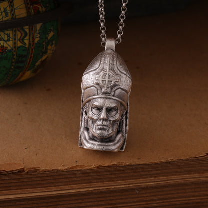 Ghost Pope Emeritus Hand-Carved Silver Pendant – Gothic Metal Jewelry for Fans & Collectors